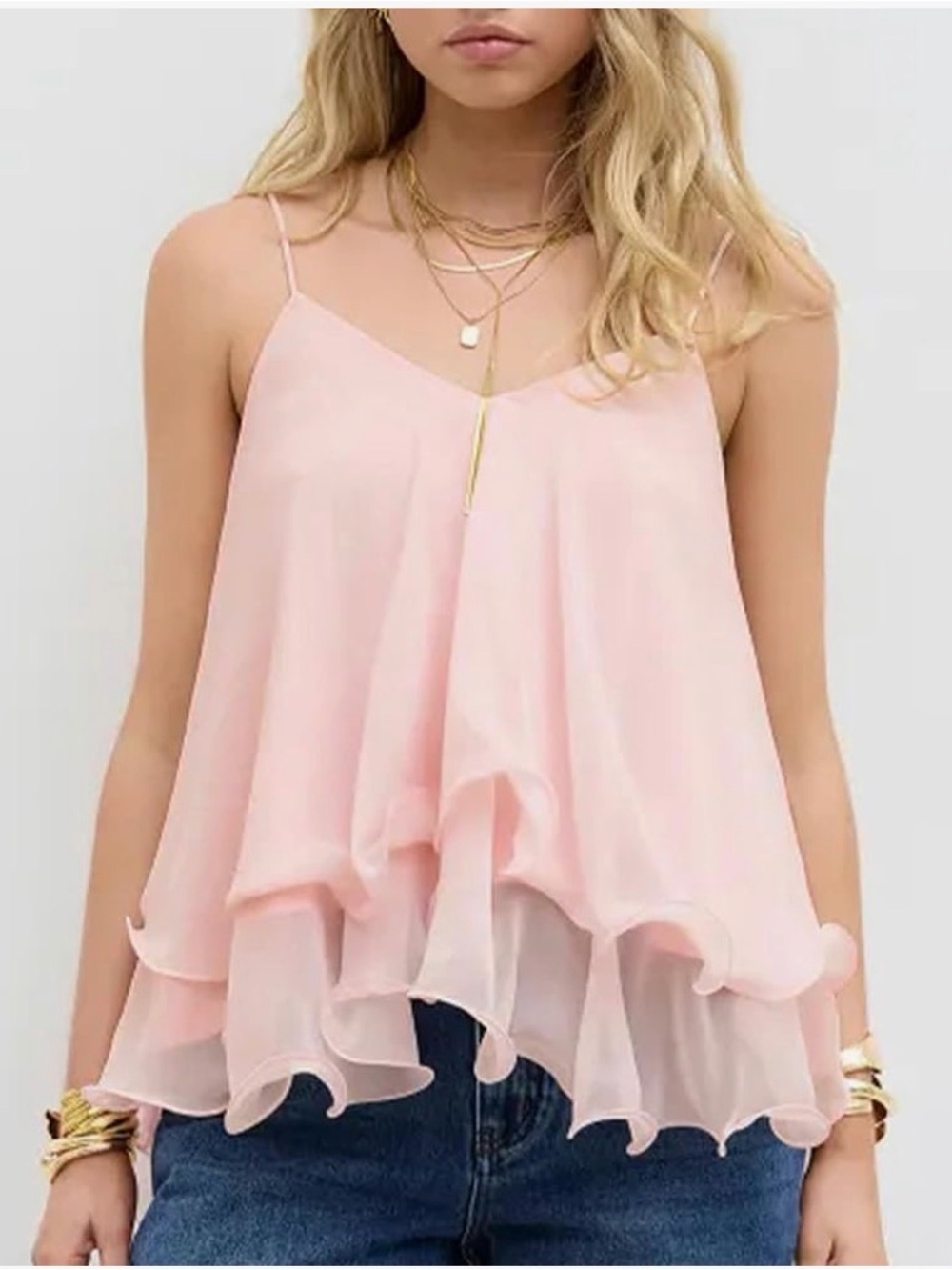 Feminine romantic baby pink layered chiffon lettuce hem top - Picture 5 of 10